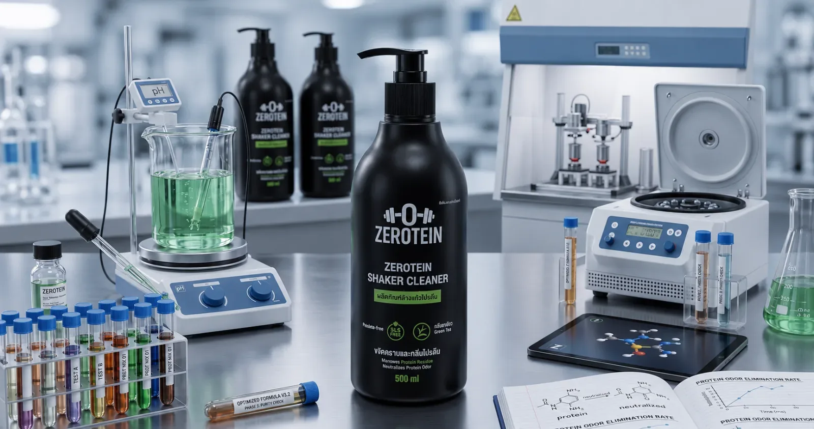 ZEROTEIN bottle on a lab bench next to test tubes and a pH meter